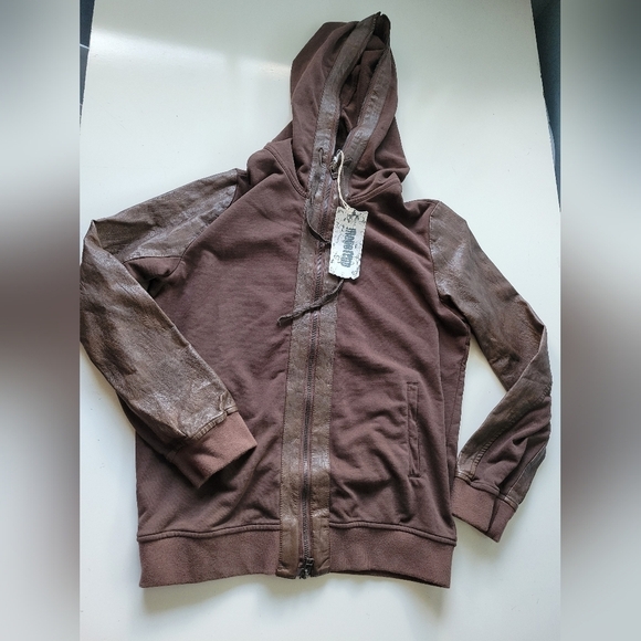 Monoreno Faux Leather Trim Zip Hoodie Jacket Brown M Nwt - Picture 1 of 10